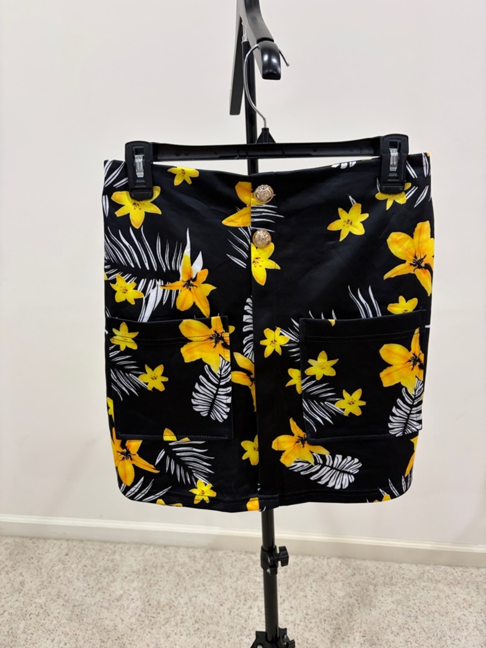 Black Floral Pocket Mini Skirt - Yellow Flower Print
